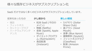 SaaS だけではなく多くのビジネスがサブスクリプション化しています。
10
様々な既存ビジネスがサブスクリプション化
従来もあったもの
• 雑誌
• フィットネス
• カントリークラブ
• ハードウェアメンテ
ナンス
少し前から
• B2B SaaS (今⽇の
メイン)
• 映画 (Netflix)
• ⾳楽 (Spotify, Apple
Music)
• ダイエットプログラ
ム (Nutrisystem)
• ⾷品配達
(Instacart)
新しい潮流
• ひげそり (Dollar
Shave Club)
• ⻭ブラシ (Good
Mouth)
• ⾷事 (Blue Apron)
• 健康飲料 (Soylent)
• フィットネスクラブ
(ClassPass)
• 配達 (Amazon
Prime)
 