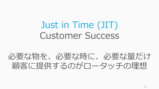 109
Just in Time (JIT)
Customer Success
必要な物を、必要な時に、必要な量だけ
顧客に提供するのがロータッチの理想
 