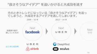 そのときトレンドになっている「良さそうなアイデア」を追っ
てしまうと、⼤成功するアイデアを逃してしまいます。
152
“良さそうなアイデア” を追いかけると⼤成功を逃す
Next Next
出てきた成功例
投資家や皆が
探していたもの
Next
???
2009 – 10 年 2012 – 14 年
 