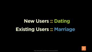 Existing Users :: Marriage
New Users :: Dating
http://startupclass.samaltman.com/courses/lec07/ 22
 