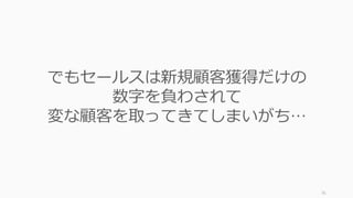 76
でもセールスは新規顧客獲得だけの
数字を負わされて
変な顧客を取ってきてしまいがち…
 