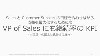 Customer	Success:	How	Innovative	Companies	Are	Reducing	Churn	and	Growing	Recurring	Revenue 77
Sales と Customer Success の⽬線を合わせながら
収益を最⼤化するためにも
VP of Sales にも継続率の KPI
（※現場への落とし込み⽅は様々）
 