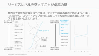 業界内で特殊な位置を持つ企業は、すべての顧客の要件に応えようとはし
ていません。スタートアップは特に成⻑しそうな新たな顧客層にフォーカ
スすると良いと⾔われます。
Francis Frei, Uncommon Service 93
サービスレベルを落とすことが卓越の鍵
1 2 3 4 5
低価格
幅広いジャンル
の品揃え
地⽅での利便性
価格の安定性
品質
郊外での利便性
同種商品の
選択肢の多さ
買い物の⼿伝い
店の雰囲気
ウォルマート
個⼈商店
シアーズ
(百貨店)
ウォルマートの
顧客が最重視
ウォルマートの
顧客が最軽視
1 2 3 4 5
変化する⼒！
楽しさ！
⾃由！
店舗の娯楽性！
家具の耐久性
設置の容易さ
販売員の説明
店舗の⽴地
IKEA の標的
顧客が最重視
IKEA の標的
顧客が最軽視
新たな顧客層が
求めたもの
 