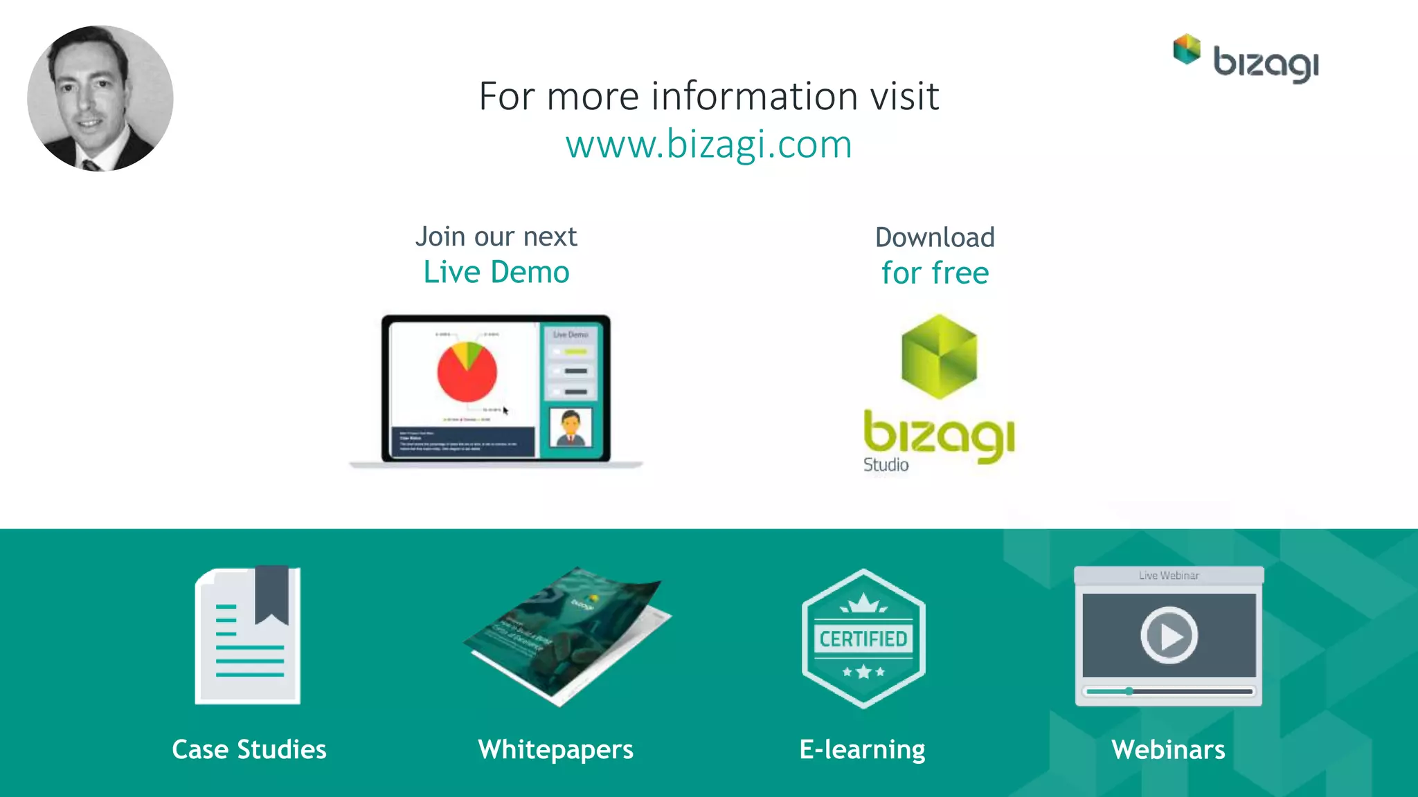 WhitepapersCase Studies
For more information visit
www.bizagi.com
E-learning
Join our next
Live Demo
Download
for free
Webinars
 