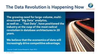 The Data Revolution is Happening Now

 The growing need for large-volume, multi-
 structured “Big Data” analytics,
 as well as … “Fast Data”, have positioned the
 industry at the cusp of the most radical
 revolution in database architectures in 20
 years.

 We believe that the economics of data will
 increasingly drive competitive advantage.

 Source: Credit Suisse Research, Sept 2011
24 July 2012                                     2
 