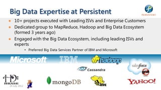 Big Data Expertise at Persistent
● 10+ projects executed with Leading ISVs and Enterprise Customers
● Dedicated group to MapReduce, Hadoop and Big Data Ecosystem
  (formed 3 years ago)
● Engaged with the Big Data Ecosystem, including leading ISVs and
  experts
               • Preferred Big Data Services Partner of IBM and Microsoft




24 July 2012
 
