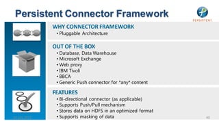 Persistent Connector Framework
     20+       WHY CONNECTOR FRAMEWORK
    Years       • Pluggable Architecture

               OUT OF THE BOX
                • Database, Data Warehouse
                • Microsoft Exchange
                • Web proxy
                • IBM Tivoli
                • BBCA
                • Generic Push connector for *any* content

               FEATURES
                • Bi-directional connector (as applicable)
                • Supports Push/Pull mechanism
                • Stores data on HDFS in an optimized format
24 July 2012    • Supports masking of data                     40
 