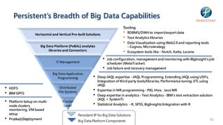 Persistent’s Breadth of Big Data Capabilities
                                                                                 Tooling
                    Horizontal and Vertical Pre-built Solutions                  •   RDBMS/DWH to import/export data
                                                                                 •   Text Analytics libraries
                                                                                 •   Data Visualization using Web2.0 and reporting tools
                       Big Data Platform (PeBAL) analytics                           - Cognos, Microstrategy
                            libraries and Connectors                             •   Ecosystem tools like - Nutch, Katta, Lucene

                                                                   •   Job configuration, management and monitoring with BIgInsight’s job
                                 IT Management                         scheduler (MetaTracker)
                                                                   •   Job failure and recovery management
                               Big Data Application
                                   Programming              •   Deep JAQL expertise - JAQL Programming, Extending JAQL using UDFs,
                                                                Integration of third party tools/libraries, Performance tuning, ETL using
                                                                JAQL
•   HDFS                            Distributed
                                                            •   Expertise in MR programming - PIG, Hive, Java MR
•   IBM GPFS                       File Systems
                                                            •   Deep expertise in analytics - Text Analytics - IBM’s text extraction solution
                                                                (AQL + SystemT)
•   Platform Setup on multi-          Cluster
    node clusters,                     Layer                •   Statistical Analytics - R, SPSS, BigInsights Integration with R
    monitoring, VM based
    setup                                         Persistent IP for Big Data Solutions
•   Product Deployment
       24 July 2012                               Big Data Platform Components                                                             42
 