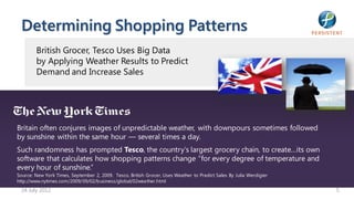 Determining Shopping Patterns
        British Grocer, Tesco Uses Big Data
        by Applying Weather Results to Predict
        Demand and Increase Sales




Britain often conjures images of unpredictable weather, with downpours sometimes followed
by sunshine within the same hour — several times a day.
Such randomness has prompted Tesco, the country’s largest grocery chain, to create…its own
software that calculates how shopping patterns change “for every degree of temperature and
every hour of sunshine.”
Source: New York Times, September 2, 2009. Tesco, British Grocer, Uses Weather to Predict Sales By Julia Werdigier
http://www.nytimes.com/2009/09/02/b usiness/global/02wea ther.html
 24 July 2012                                                                                                        5
 