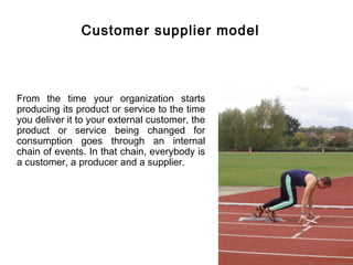 CE




               Customer supplier model



From the time your organization starts
producing its product or service to the time
you deliver it to your external customer, the
product or service being changed for
consumption goes through an internal
chain of events. In that chain, everybody is
a customer, a producer and a supplier.
 