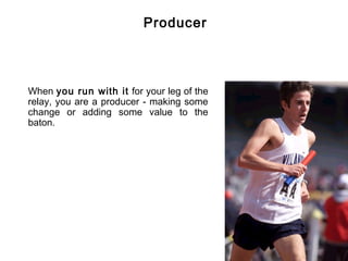 CE


                         Producer



When you run with it for your leg of the
relay, you are a producer - making some
change or adding some value to the
baton.
 