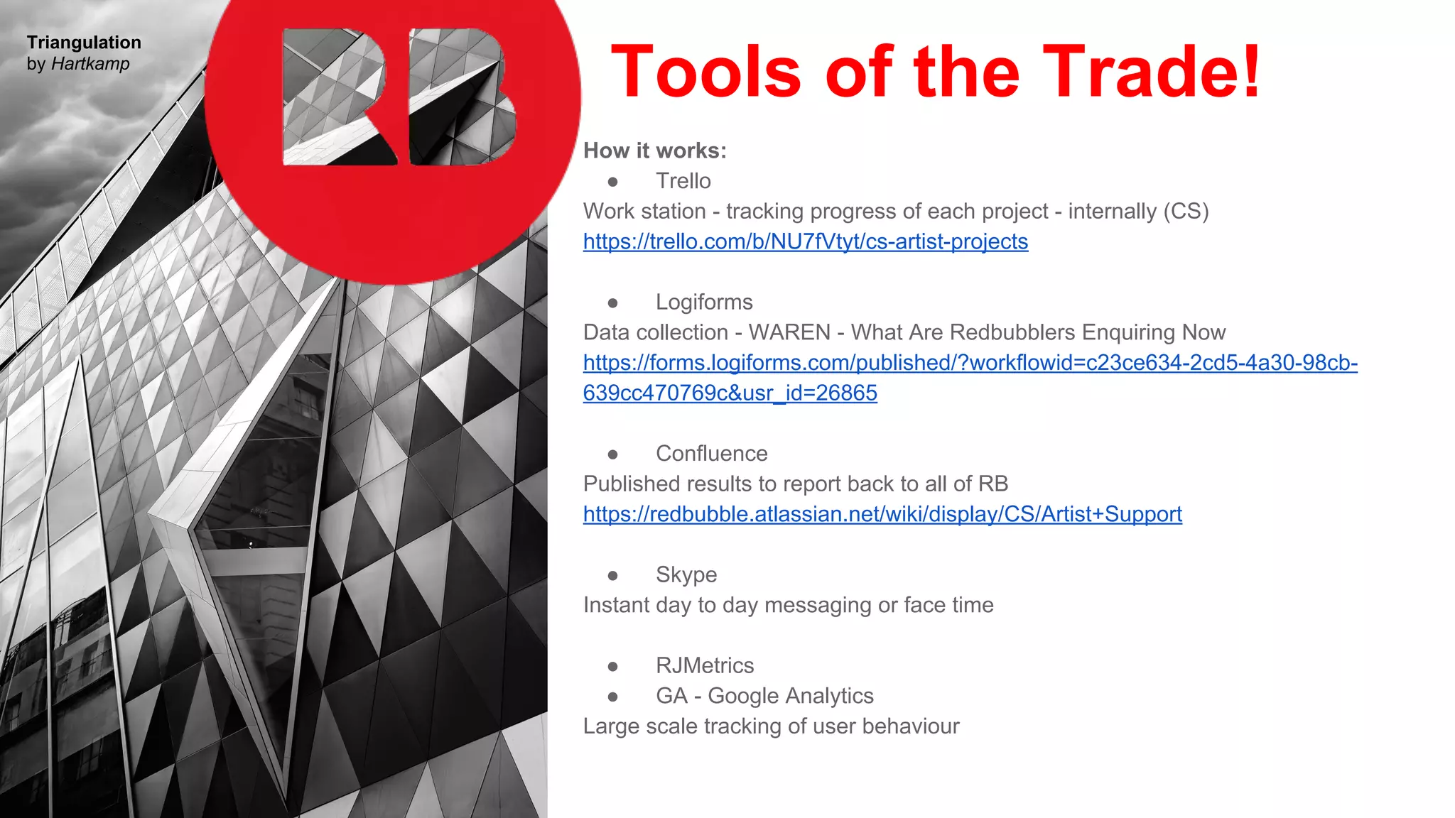 Tools of the Trade!
How it works:
● Trello
Work station - tracking progress of each project - internally (CS)
https://trello.com/b/NU7fVtyt/cs-artist-projects
● Logiforms
Data collection - WAREN - What Are Redbubblers Enquiring Now
https://forms.logiforms.com/published/?workflowid=c23ce634-2cd5-4a30-98cb-
639cc470769c&usr_id=26865
● Confluence
Published results to report back to all of RB
https://redbubble.atlassian.net/wiki/display/CS/Artist+Support
● Skype
Instant day to day messaging or face time
● RJMetrics
● GA - Google Analytics
Large scale tracking of user behaviour
Triangulation
by Hartkamp
 