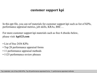 customer support kpi 
In this ppt file, you can ref materials for customer support kpi such as list of KPIs, 
performance appraisal metrics, job skills, KRAs, BSC… 
For more customer support kpi materials such as free 4 ebooks below, 
please visit: kpi123.com 
• List of free 2436 KPIs 
• Top 28 performance appraisal forms 
• 11 performance appraisal methods 
• 1125 performance review phrases 
Top materials: List of free 2436 KPIs, Top 28 performance appraisal forms, 11 performance appraisal methods 
Interview questions and answers – free download/ pdf and ppt file 
 