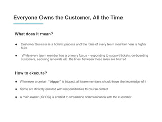 Everyone Owns the Customer, All the Time
What does it mean?
 Customer Success is a holistic process and the roles of every team member here is highly
fluid
 While every team member has a primary focus - responding to support tickets, on-boarding
customers, securing renewals etc. the lines between these roles are blurred
How to execute?
 Whenever a certain “trigger” is tripped, all team members should have the knowledge of it
 Some are directly enlisted with responsibilities to course correct
 A main owner (SPOC) is entitled to streamline communication with the customer
 