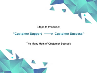 Steps to transition:
“Customer Support Customer Success”
The Many Hats of Customer Success
 