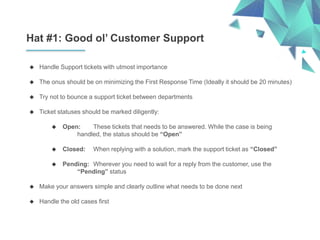 Hat #1: Good ol’ Customer Support
 Handle Support tickets with utmost importance
 The onus should be on minimizing the First Response Time (Ideally it should be 20 minutes)
 Try not to bounce a support ticket between departments
 Ticket statuses should be marked diligently:
 Open: These tickets that needs to be answered. While the case is being
handled, the status should be “Open”
 Closed: When replying with a solution, mark the support ticket as “Closed”
 Pending: Wherever you need to wait for a reply from the customer, use the
“Pending” status
 Make your answers simple and clearly outline what needs to be done next
 Handle the old cases first
 