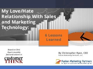 My Love/Hate
Relationship With Sales
and Marketing
Technology:
By Christopher Ryan, CEO
Fusion Marketing Partners, LLC
6 Lessons
Learned
Based on Chris
Ryan’s monthly
featured column in
 
