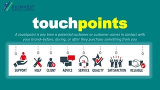 touchpoints
A touchpoint is any time a potential customer or customer comes in contact with
your brand–before, during, or after they purchase something from you
 