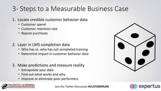 3- Steps to a Measurable Business Case 
1. Locate credible customer behavior data 
• Customer spend 
• Customer retention rate 
• Repeat purchases 
2. Layer in LMS completion data 
• Who has vs. who has not completed training 
• Determine Impact in customer behavior data 
3. Make predictions and measure reality 
• Extrapolate your data 
• Find out what works and why 
• Improve or eliminate poor performers 
Join the Twitter Discussion #CUSTOMERLRN 
 