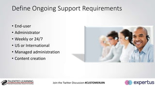 Define Ongoing Support Requirements 
• End-user 
• Administrator 
• Weekly or 24/7 
• US or International 
• Managed administration 
• Content creation 
Join the Twitter Discussion #CUSTOMERLRN 
 