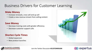 Business Drivers for Customer Learning 
Make Money 
• Increase renewals, cross sell and up sell 
• Create a new revenue stream from selling content 
Save Money 
• Decrease training costs with greater efficiency 
• Decrease customer support calls 
Join the Twitter Discussion #CUSTOMERLRN 
Shorten Cycle Times 
• Global expansion 
• New product launches 
 