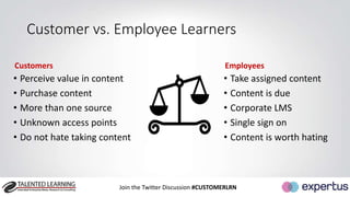 Customer vs. Employee Learners 
Customers 
• Perceive value in content 
• Purchase content 
• More than one source 
• Unknown access points 
• Do not hate taking content 
Employees 
• Take assigned content 
• Content is due 
• Corporate LMS 
• Single sign on 
• Content is worth hating 
Join the Twitter Discussion #CUSTOMERLRN 
 