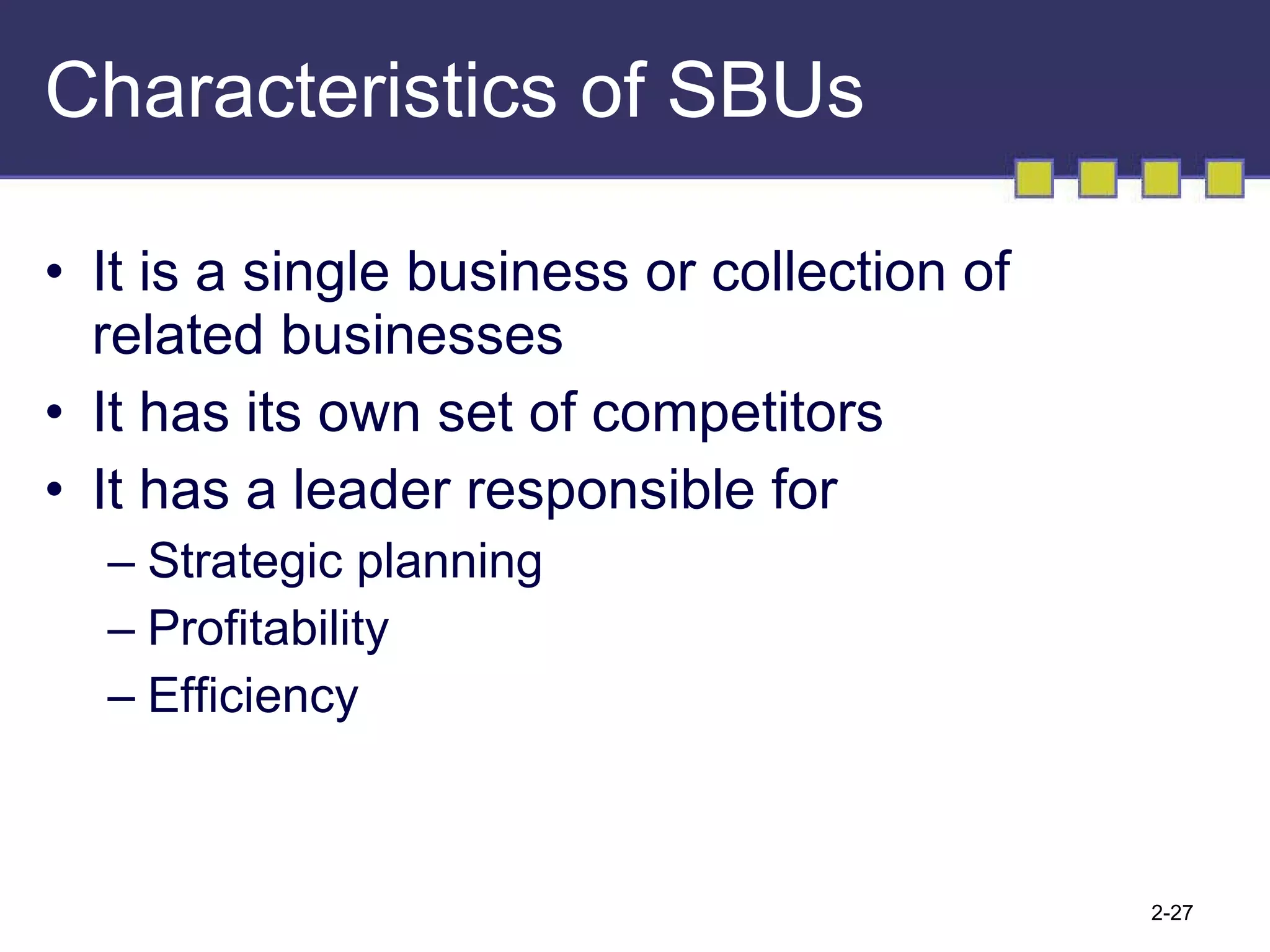 Characteristics of SBUs It is a single business or collection of related businesses It has its own set of competitors It has a leader responsible for Strategic planning Profitability Efficiency 