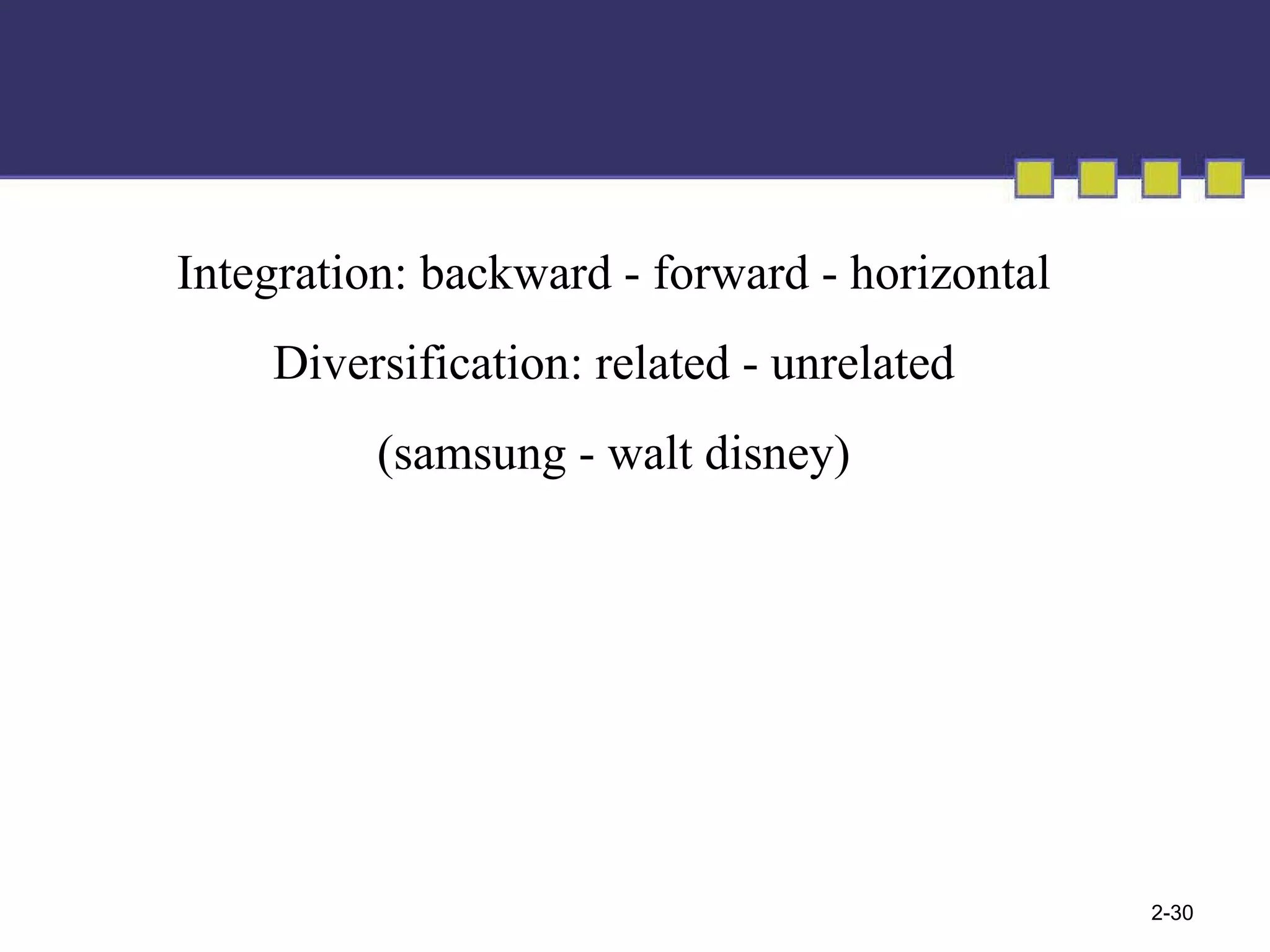 Integration: backward - forward - horizontal Diversification: related - unrelated (samsung - walt disney) 