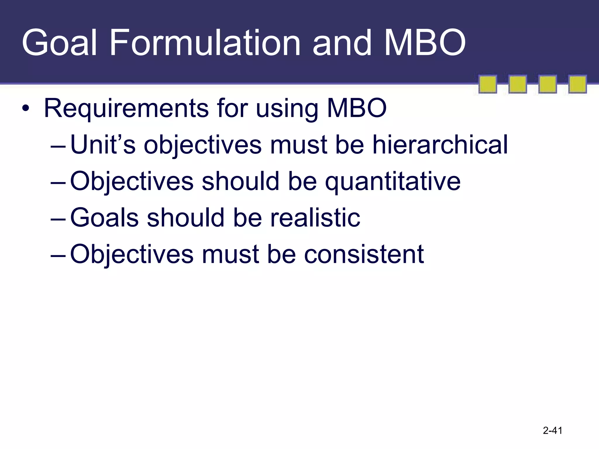 Goal Formulation and MBO Requirements for using MBO Unit’s objectives must be hierarchical Objectives should be quantitative Goals should be realistic Objectives must be consistent 