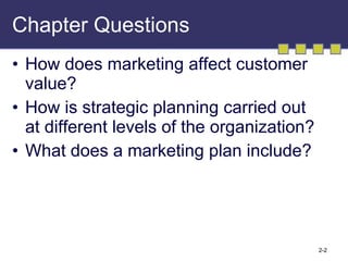 Chapter Questions How does marketing affect customer value? How is strategic planning carried out at different levels of the organization? What does a marketing plan include? 