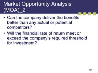 Market Opportunity Analysis (MOA)_2 Can the company deliver the benefits better than any actual or potential competitors? Will the financial rate of return meet or exceed the company’s required threshold for investment? 