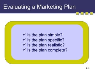 Evaluating a Marketing Plan Is the plan simple? Is the plan specific? Is the plan realistic? Is the plan complete? 