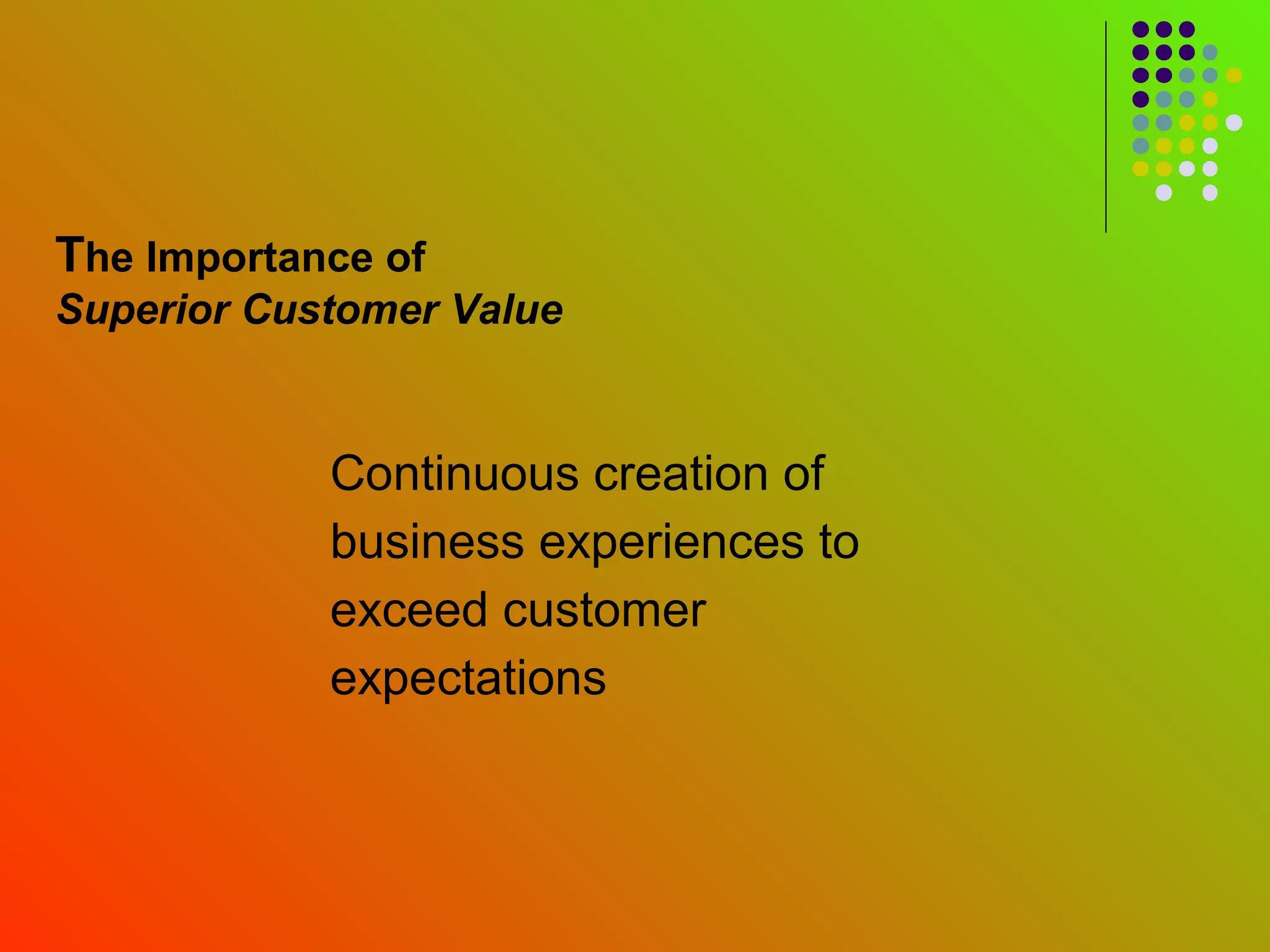 The Importance of
Superior Customer Value


            Continuous creation of
            business experiences to
            exceed customer
            expectations
 