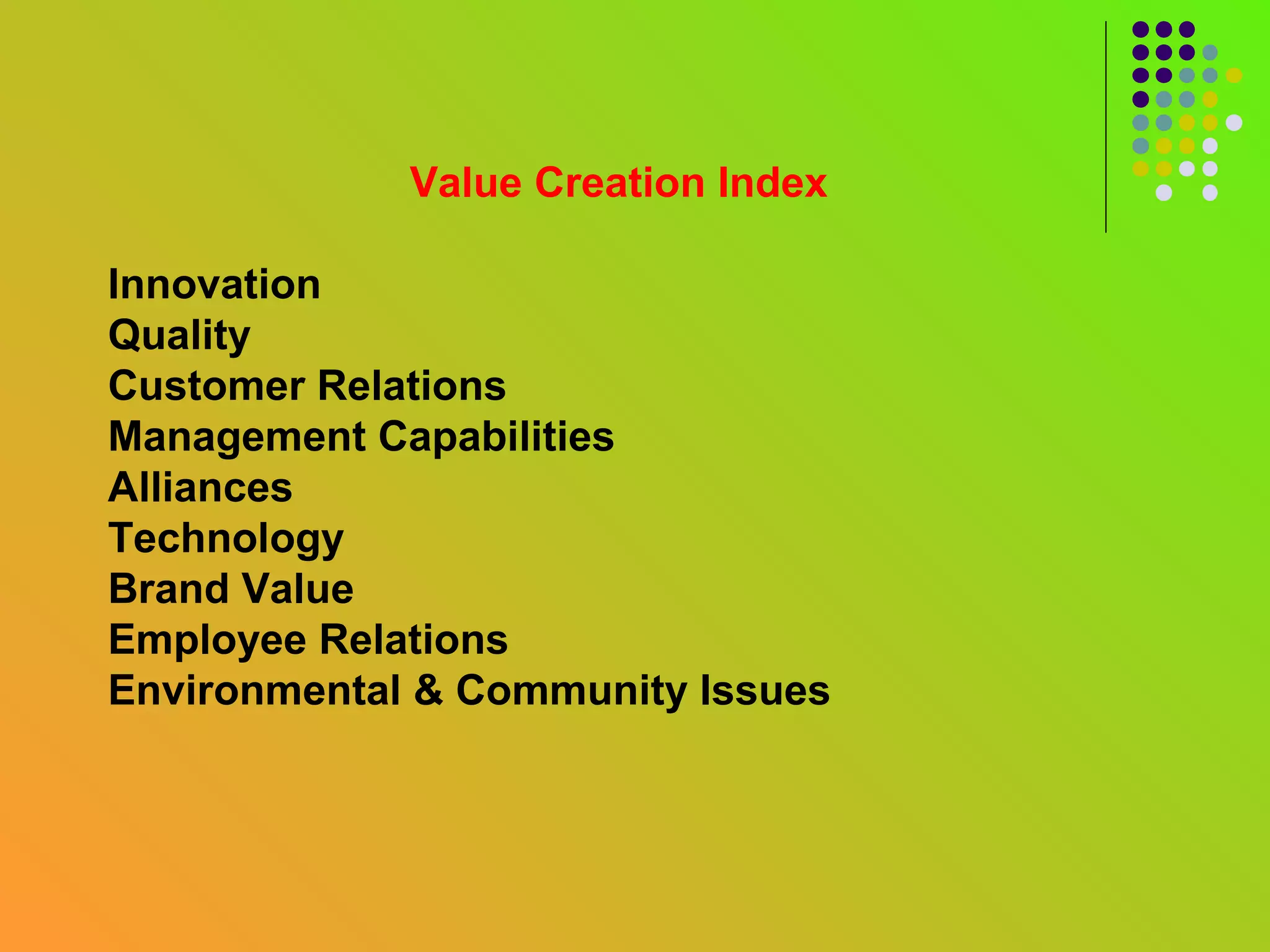 Value Creation Index

Innovation
Quality
Customer Relations
Management Capabilities
Alliances
Technology
Brand Value
Employee Relations
Environmental & Community Issues
 