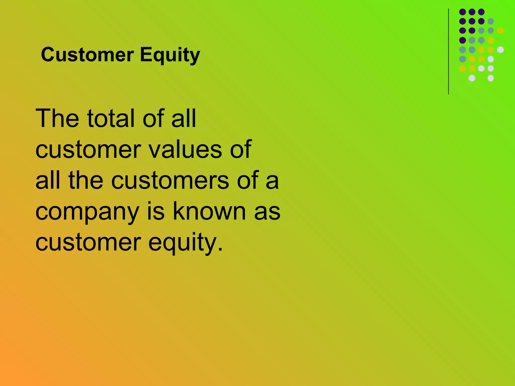 Customer Equity


The total of all
customer values of
all the customers of a
company is known as
customer equity.
 