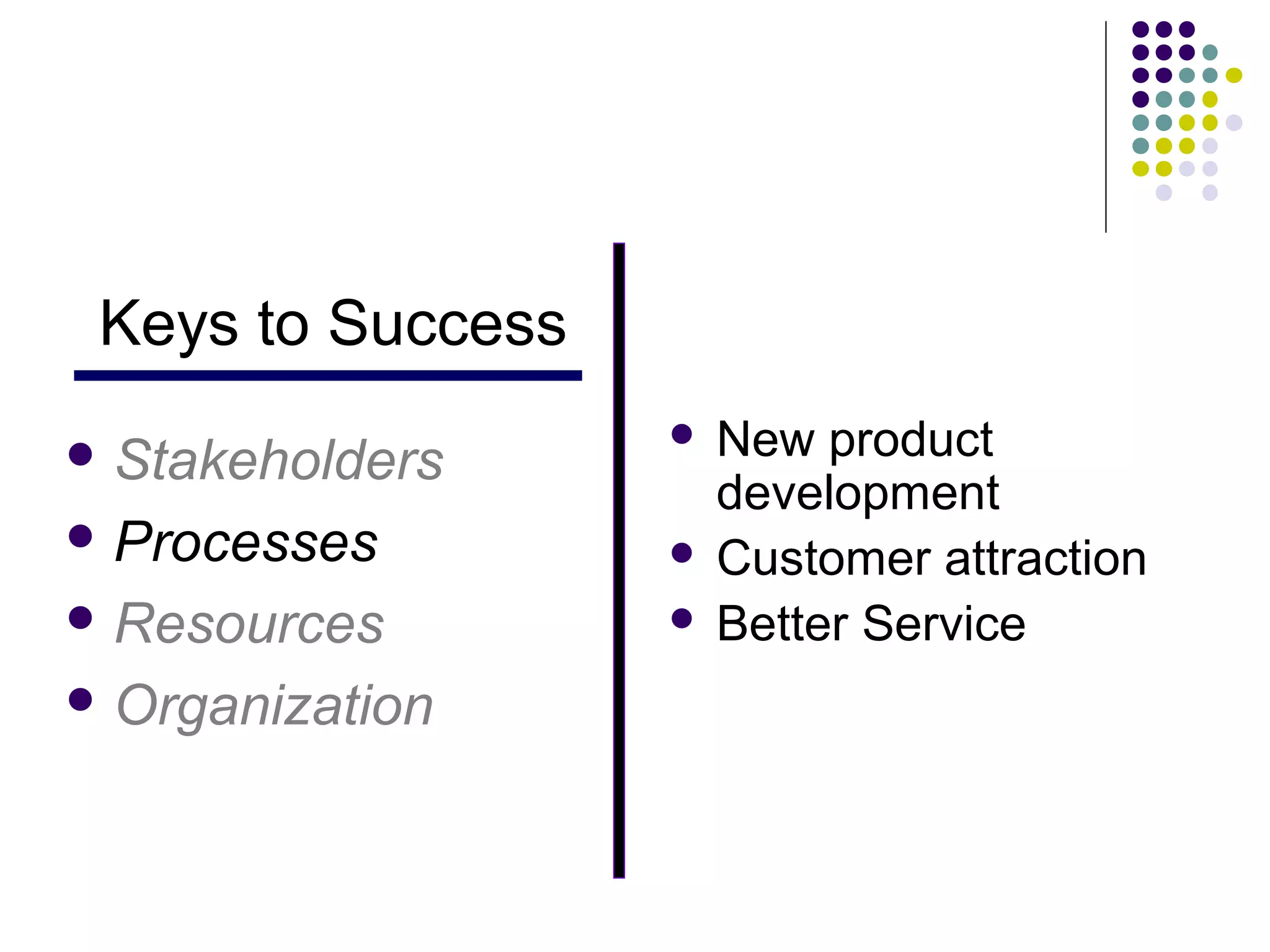 Keys to Success
 Stakeholders
                    New product
                     development
 Processes         Customer attraction
 Resources         Better Service

 Organization
 