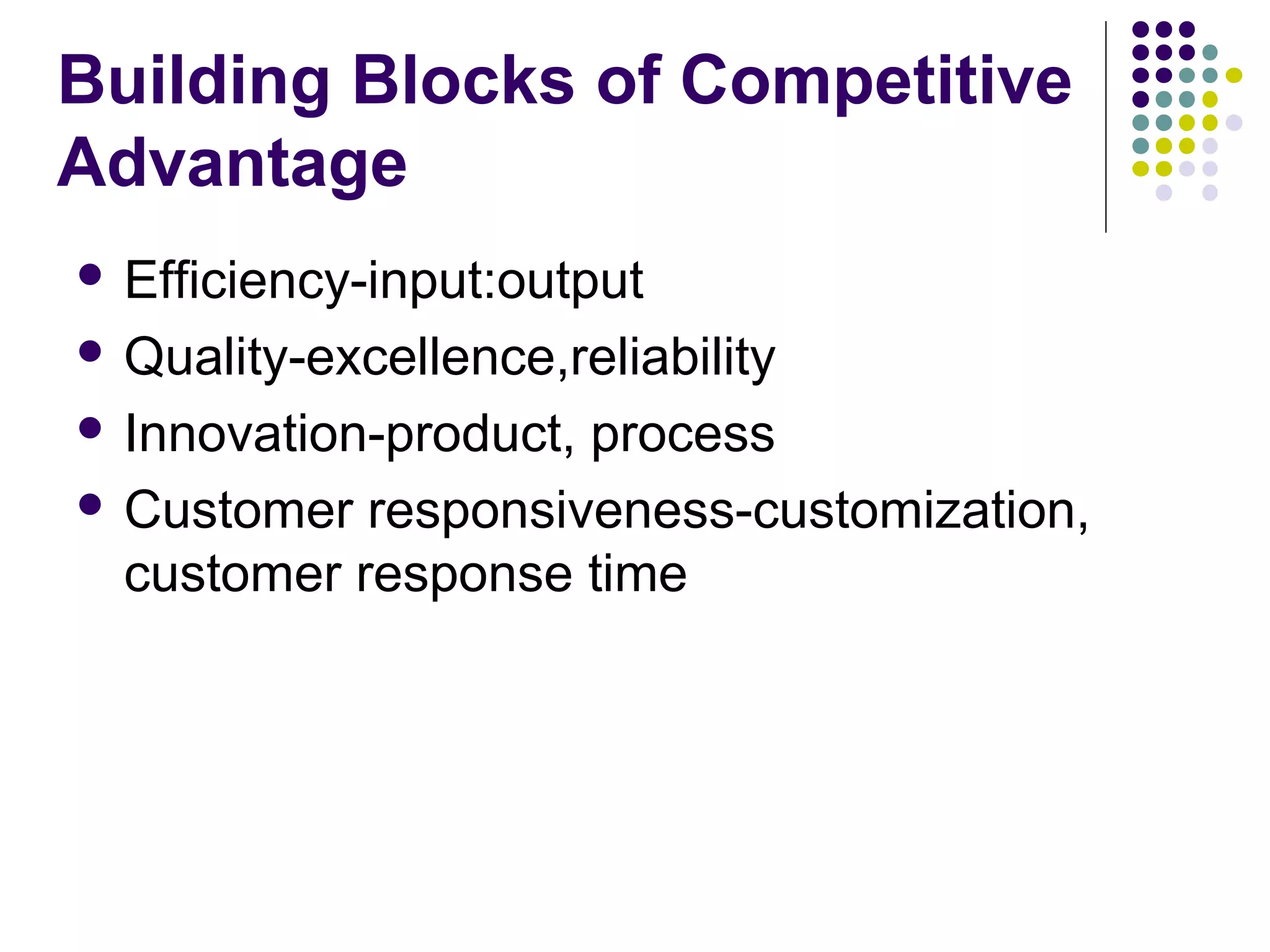 Building Blocks of Competitive
Advantage
 Efficiency-input:output

 Quality-excellence,reliability

 Innovation-product,
                    process
 Customer responsiveness-customization,
  customer response time
 