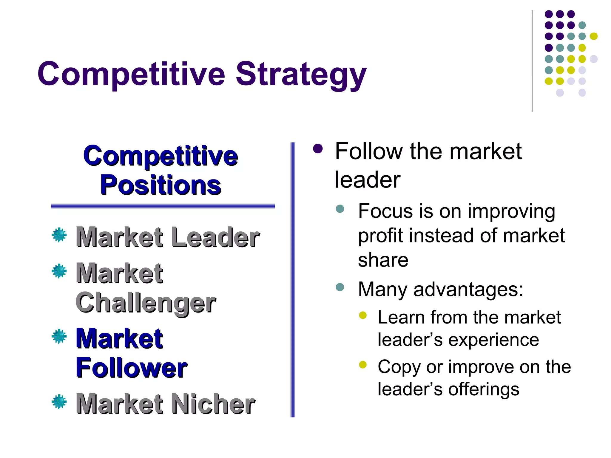 Competitive Strategy

  Competitive        Follow the market
   Positions          leader
                         Focus is on improving
  Market Leader           profit instead of market
                          share
  Market                 Many advantages:
  Challenger                 Learn from the market
  Market                      leader’s experience
  Follower                   Copy or improve on the
                              leader’s offerings
  Market Nicher
 
