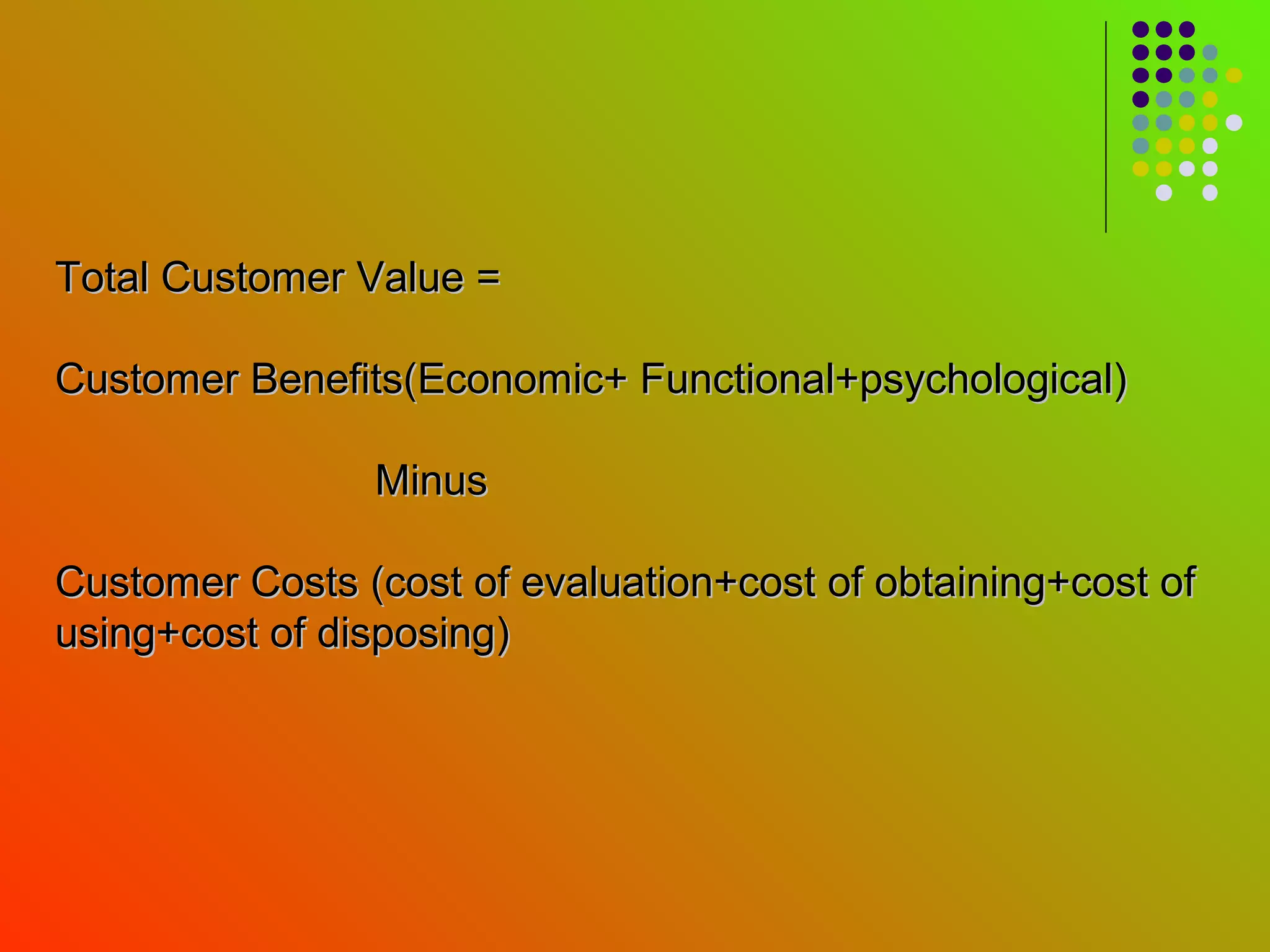 Total Customer Value =

Customer Benefits(Economic+ Functional+psychological)

                Minus

Customer Costs (cost of evaluation+cost of obtaining+cost of
using+cost of disposing)
 