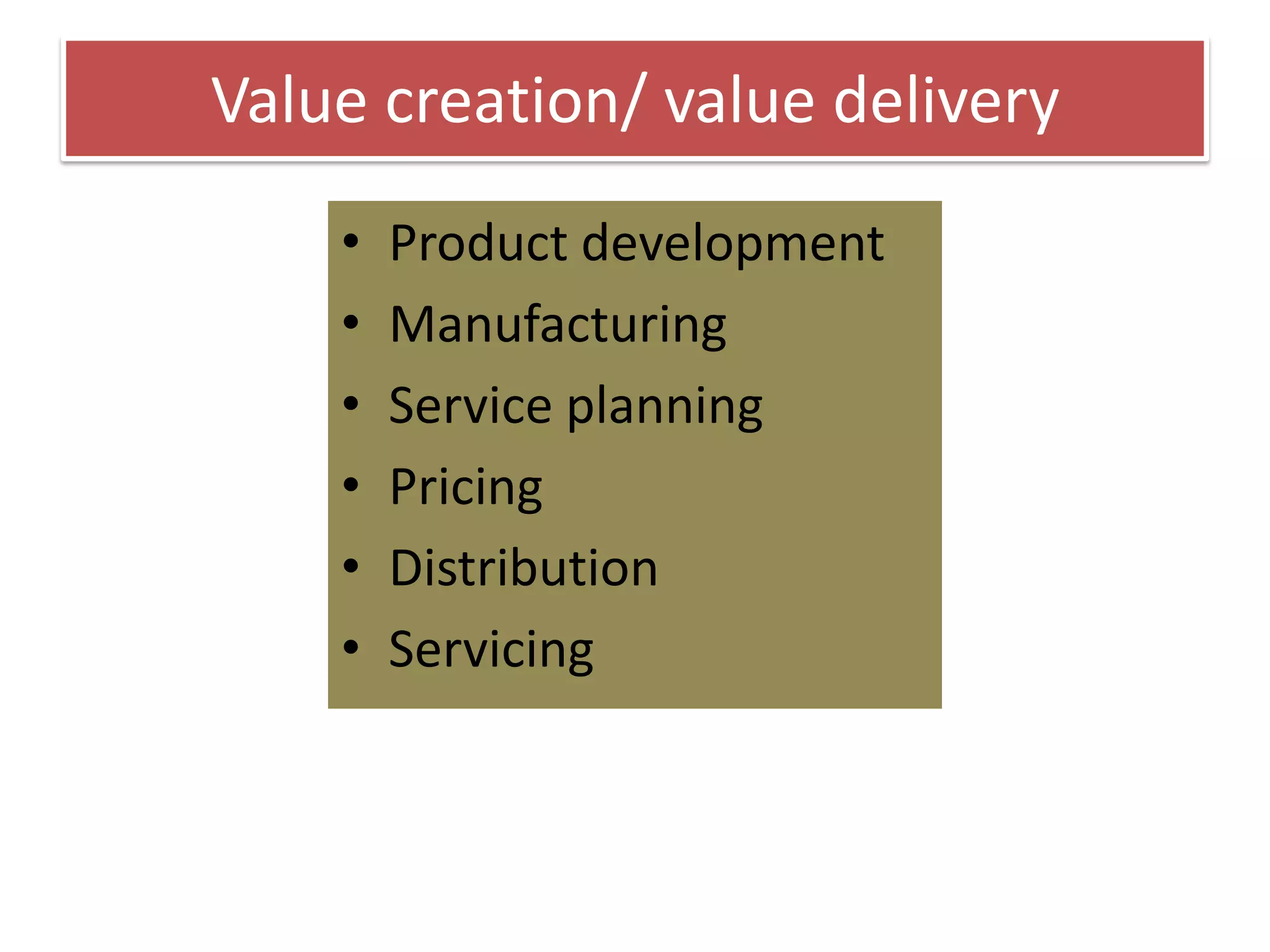 Value creation/ value delivery
• Product development
• Manufacturing
• Service planning
• Pricing
• Distribution
• Servicing
 