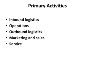 Primary Activities
• Inbound logistics
• Operations
• Outbound logistics
• Marketing and sales
• Service
 