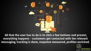 All that the user has to do is to click a few buttons and
presto!, everything happens - customers get contacted
with the relevant messaging, tracking is done, response
measured, profiles enriched.
 