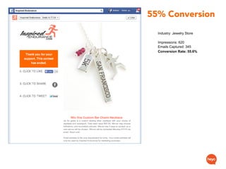 Industry: Jewelry Store
Impressions: 620
Emails Captured: 345
Conversion Rate: 55.6%
55% Conversion
 