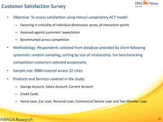 Customer Satisfaction Survey
•

Objective: To assess satisfaction using Hansa’s proprietary ACT model
– Factoring in criticality of individual dimensions across all interaction points
– Assessed against customers’ expectation
– Benchmarked across competition

•

Methodology :Respondents selected from database provided by client following
systematic random sampling, sorting by size of relationship. For benchmarking
competition customers selected purposively.

•

Sample size: 9000 covered across 32 cities

•

Products and Services covered in the study:
– Savings Account, Salary Account, Current Account
– Credit Cards
– Home Loan, Car Loan, Personal Loan, Commercial Vehicle Loan and Two Wheeler Loan

38

 
