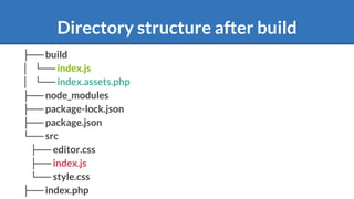 Directory structure after build
├── build
│ └── index.js
│ └── index.assets.php
├── node_modules
├── package-lock.json
├── package.json
└── src
├── editor.css
├── index.js
└── style.css
├── index.php
 