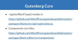 Gutenberg Core
● registerBlockType() resides in
https://github.com/WordPress/gutenberg/blob/master/
packages/blocks/src/api/registration.js.
● Components core files:
https://github.com/WordPress/gutenberg/blob/master/
packages/block-editor/src/components/
 
