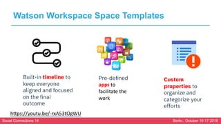 Social Connections 14 Berlin, October 16-17 2018
Watson Workspace Space Templates
https://youtu.be/-rxA53tOgWU
Built-in ti...