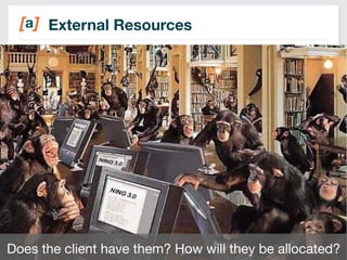 External Resources 
12 
Does the client have them? How will they be allocated? 
 