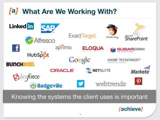 What Are We Working With? 
Knowing the systems the client uses is important 
9 
 