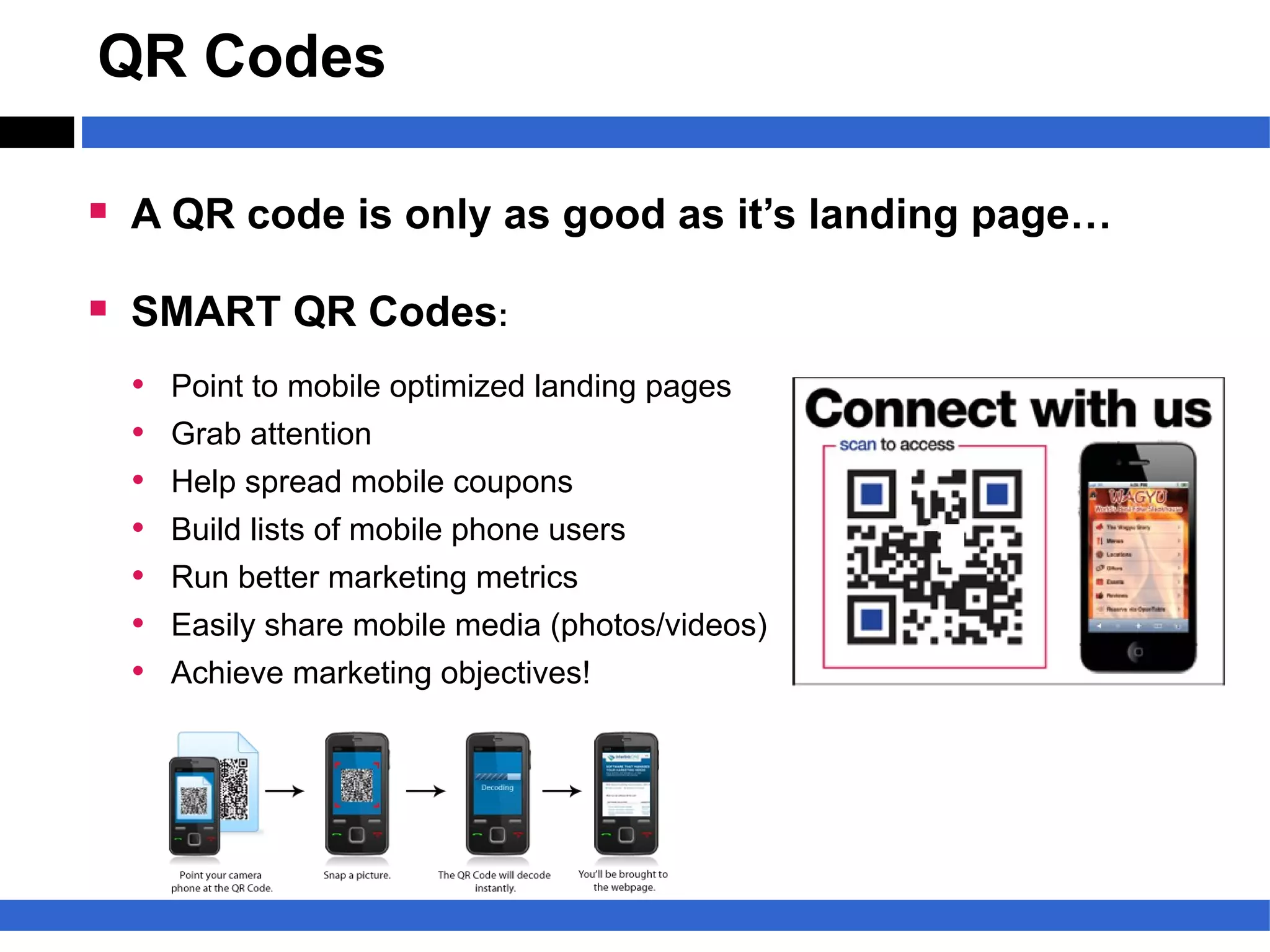 QR Codes

§ A QR code is only as good as it’s landing page…
§ SMART QR Codes:
  •   Point to mobile optimized landing pages
  •   Grab attention
  •   Help spread mobile coupons
  •   Build lists of mobile phone users
  •   Run better marketing metrics
  •   Easily share mobile media (photos/videos)
  •   Achieve marketing objectives!
 